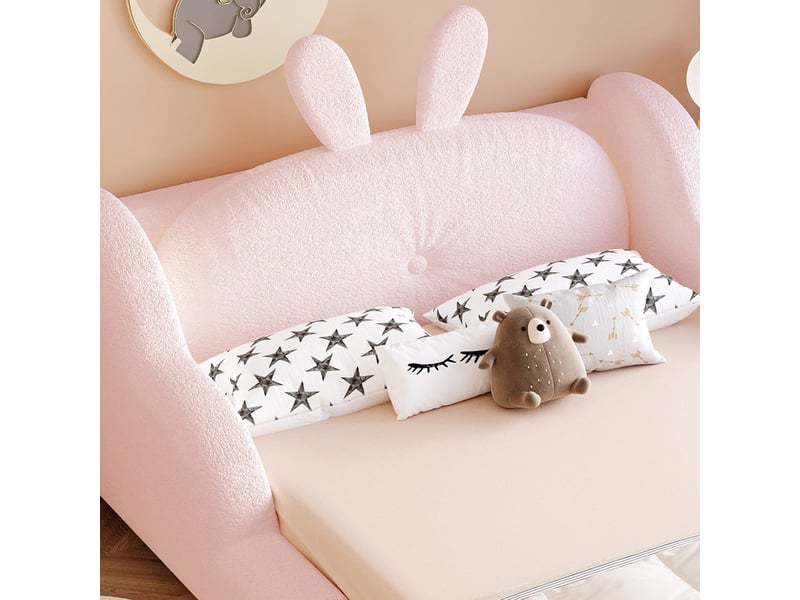  Lit rembourré enfant 90x200cm, coussin lapin, panneaux latéraux nuage – rose velours bouclette  - Conforama E