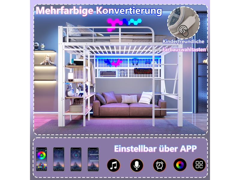  Lit mezzanine 140 x 200 cm, structure métal, led, bureau, étagères, panneau perforé, usb, sans matelas, blanc  - Conforama E