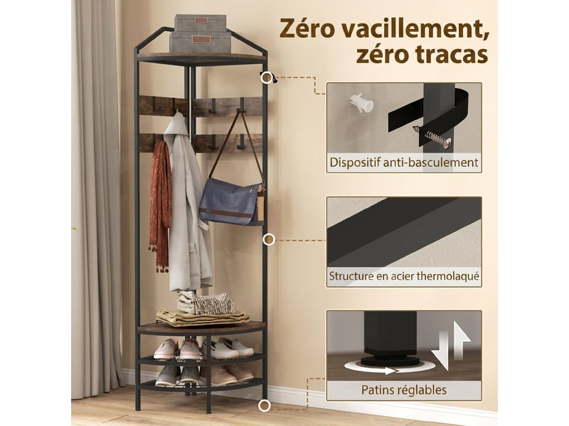  Meuble d'entrée d'angle, vestiaire à 4 niveaux, rangement pour chaussures, 8 patères mobiles, brun rustique, 2 étagères  - Conforama R