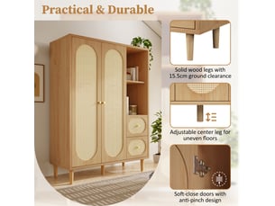 Armoire style campagne chêne 120 x 44 x 161 cm, 2 portes, 2 tiroirs, étagères ouvertes, tringle, pour chambre et entrée