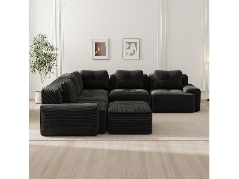  Canapé d’angle modulable 5 places en velours côtelé noir avec ottomane, 295 cm  - Conforama E