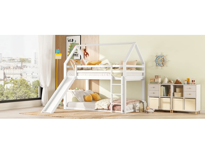 Lit superposé enfant avec toboggan et échelle 90x200 cm blanc pin massif structure sécurisée avec garde-corps Sol Morn - Conforama B