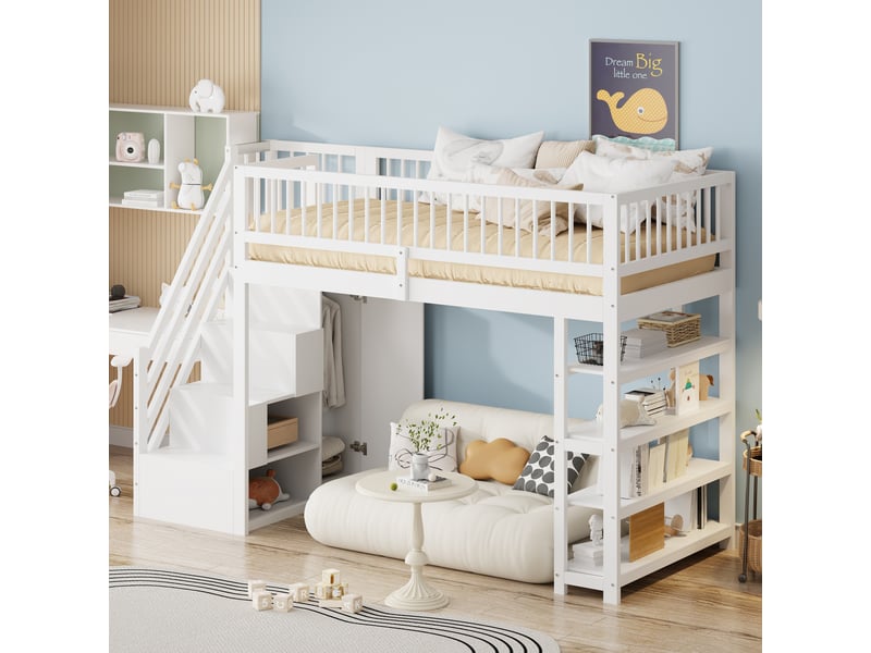 Lit mezzanine 90 x 200 cm, penderie, étagères et espace de rangement, échelle d'accès sécurisée, bois massif, blanc - Conforama C
