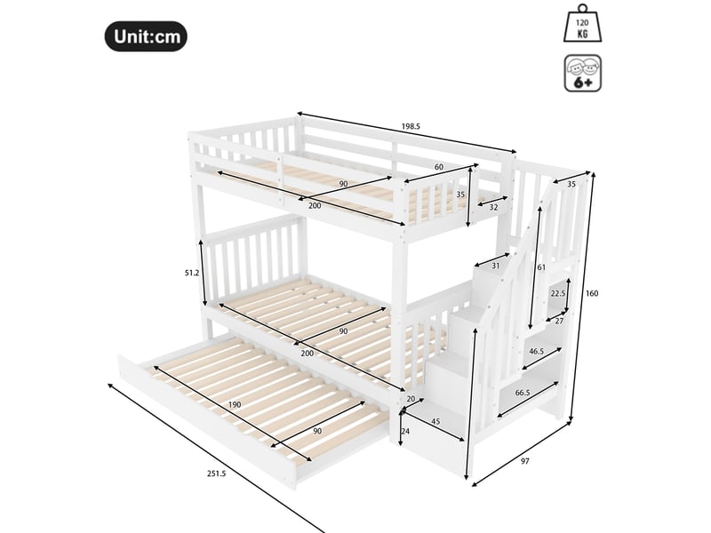 Lit superposé enfant blanc 90x200 cm avec escalier de rangement et lit gigogne, pour chambre enfant, sans matelas - Conforama C