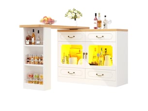 Table de bar extensible 135-203x39x92,8 cm, rotation 360° et éclairage led multicolore, rangement 4 tiroirs, mdf, blanc