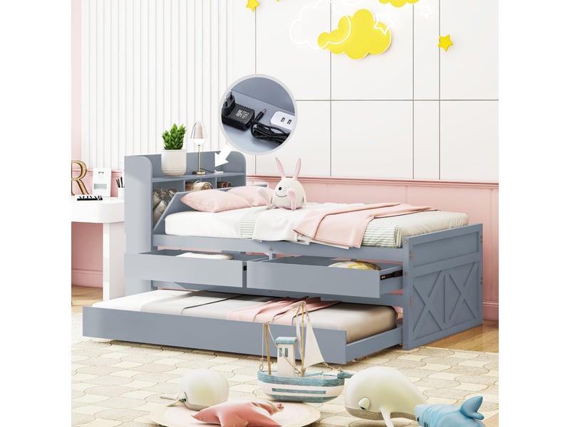  Lit simple 90 x 190 cm avec tiroir et prise usb, lit gigogne, lit enfant, tete de lit avec rangements, lit 1 personne, pin, gris  - Conforama E