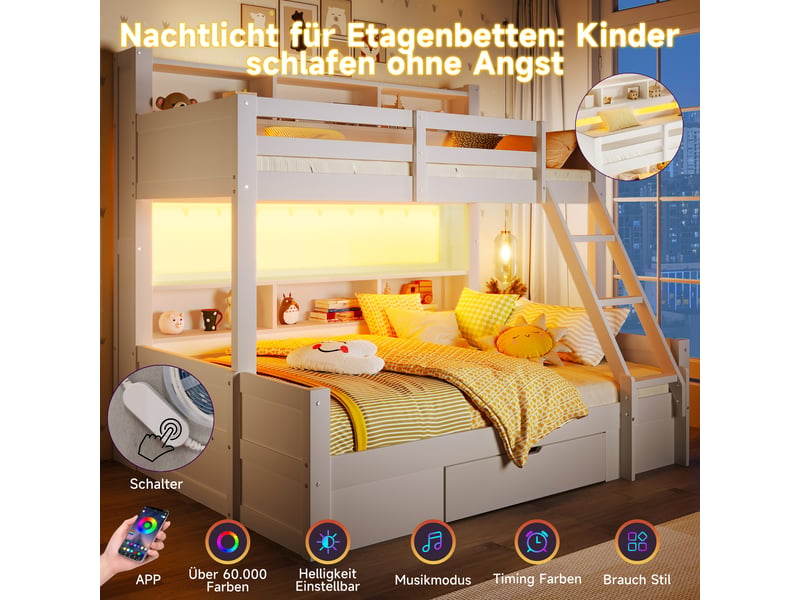  Lits superposés 90x200cm+140x200cm blanc, échelle, garde-corps, compartiments, tiroir, led, sans matelas  - Conforama E