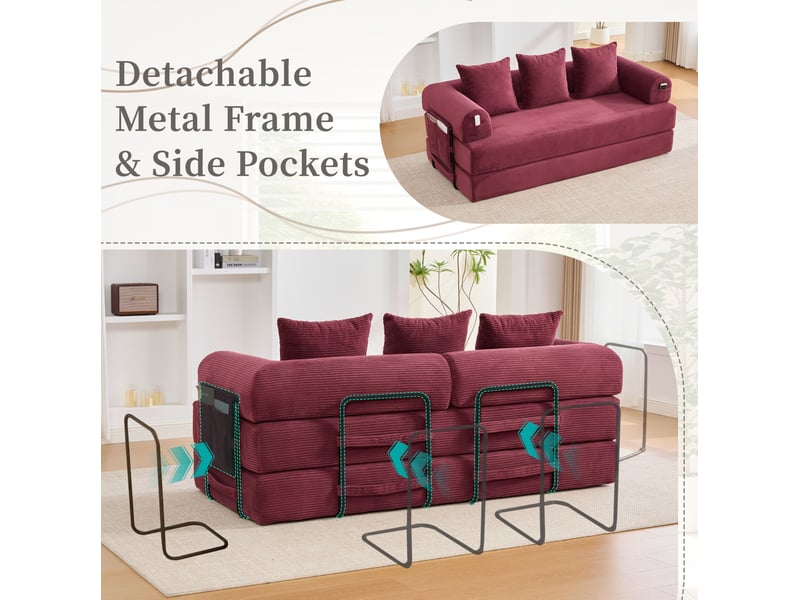  Canapé modulaire avec poche latérale, 3 coussins et forme libre en velours côtelé rouge bordeaux, 200 × 94 × 67 cm  - Conforama E
