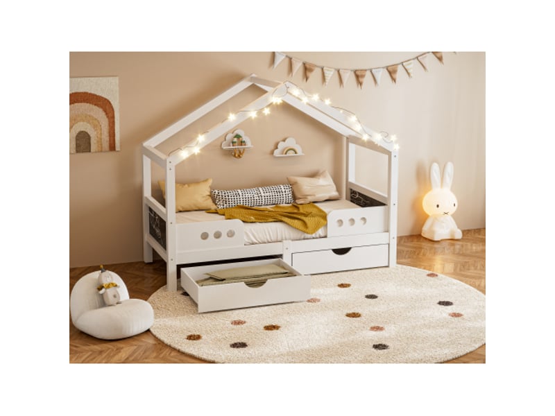 Lit cabane enfant pour matelas 90x200 cm, structure boismdf laquée, 2 tiroirs spacieux, charge 120 kg  - Conforama W