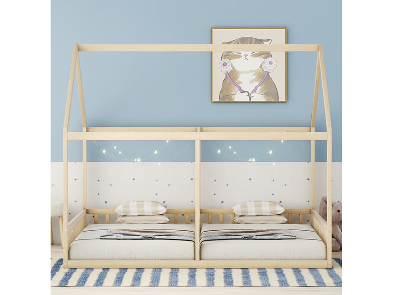  Lit enfant 90x200 cm 2 en 1 avec barrières en bois coloris naturel  - Conforama C