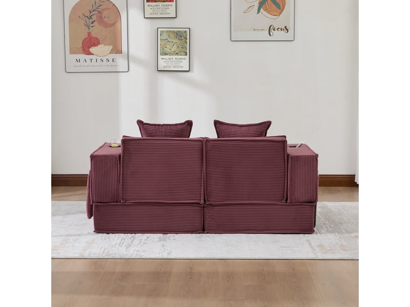  Canapé deux places en velours côtelé rouge bordeaux avec rangement latéral, coussins et assise modulable pour salon et coin lecture  - Conforama B