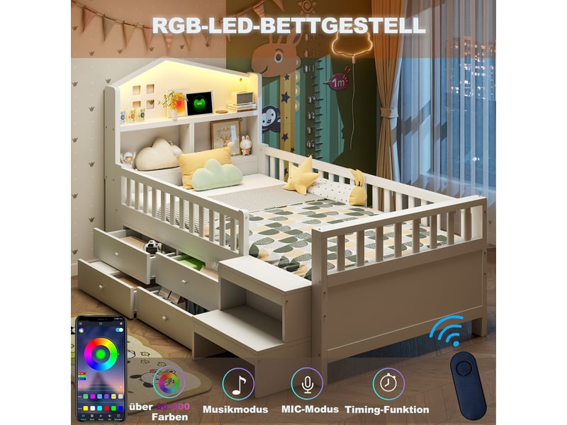 Lit enfant 90x200 cm blanc en bois massif avec 4 tiroirs, marche, led, usb et type-c - Conforama D