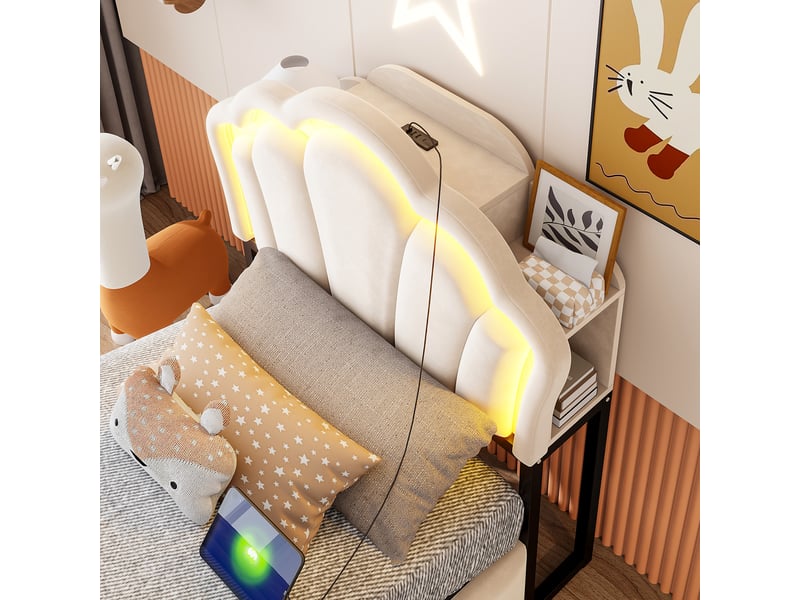  Lit rembourré 90*200 cm avec coffre hydraulique, led, rangements tête de lit et prises, velours beige  - Conforama C