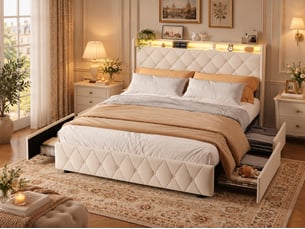 Lit 2 places 140x200 cm - avec éclairage led - tête de lit avec étagère - similicuir pu beige - sommier à lattes inclus