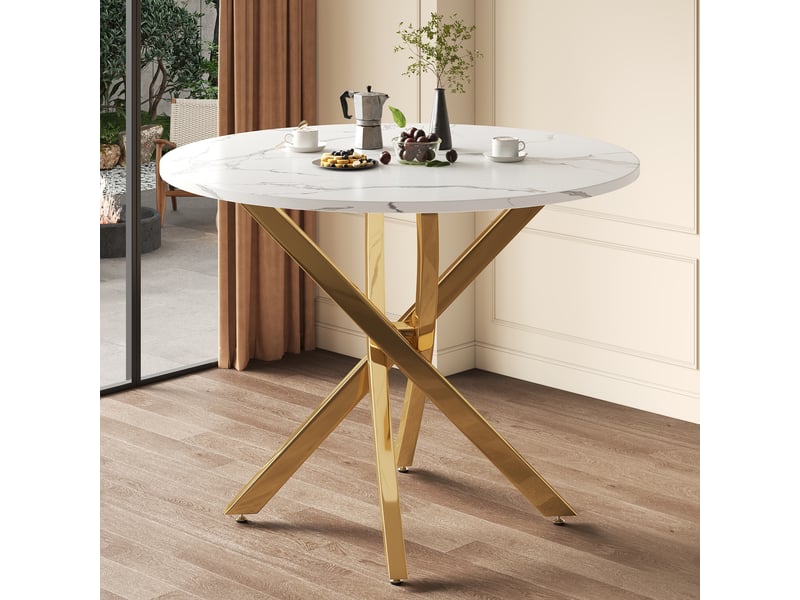 Table de salle à manger ronde avec plateau effet marbre et pieds croisés en métal, ø 80×75 cm, blanc et doré - Conforama C