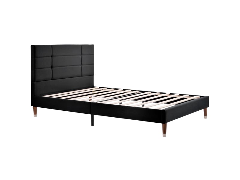  Lit adulte double 140x200 cm en tissu de lin noir avec sommier et matelas  - Conforama A