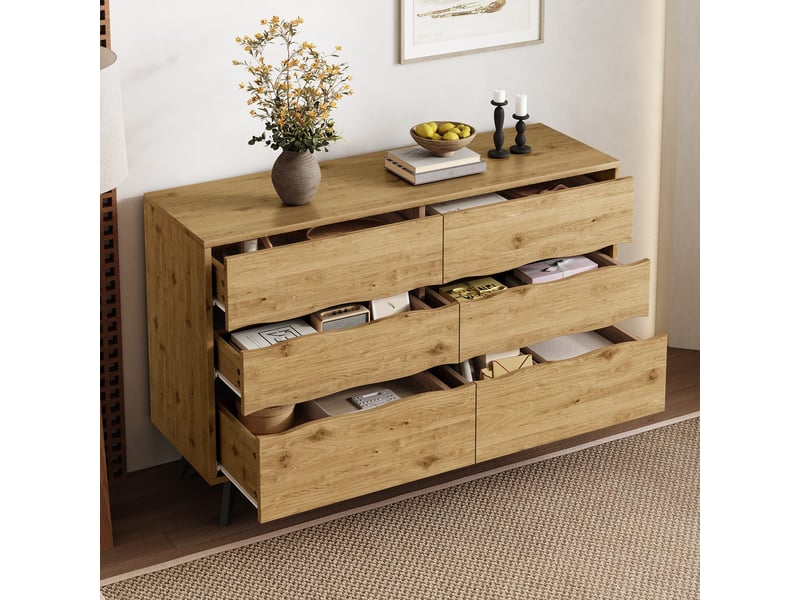  Buffet de rangement 120x40x75,5 cm, 6 tiroirs, façades ondulées, pieds métal, pour salon et salle à manger - aspect bois  - Conforama D