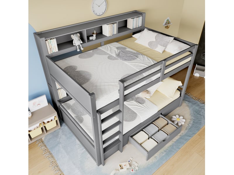  Lit superposé enfant 90x200 cm avec tiroir et rangements coloris gris  - Conforama E