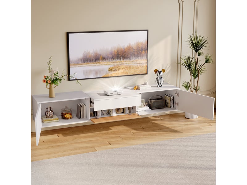  Meuble tv 180 x 34 x 30 cm blanc, plateau coulissant pour vidéoprojecteur  - Conforama E