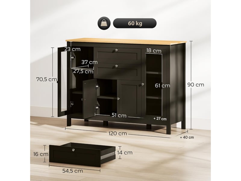  Buffet 3 placards 2 tiroirs en mdf et verre trempé noir 120 x 40 x 90 cm  - Conforama C
