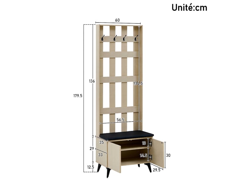  Ensemble vestiaire d'entrée avec banc et meuble à chaussures mdf bois clair  - Conforama E