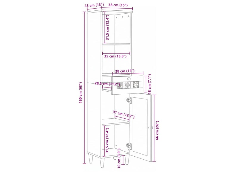Armoire de salle de bain, cabinet de salle de bain naturel 38 x 33 x 160 cm cf65117 - Conforama E