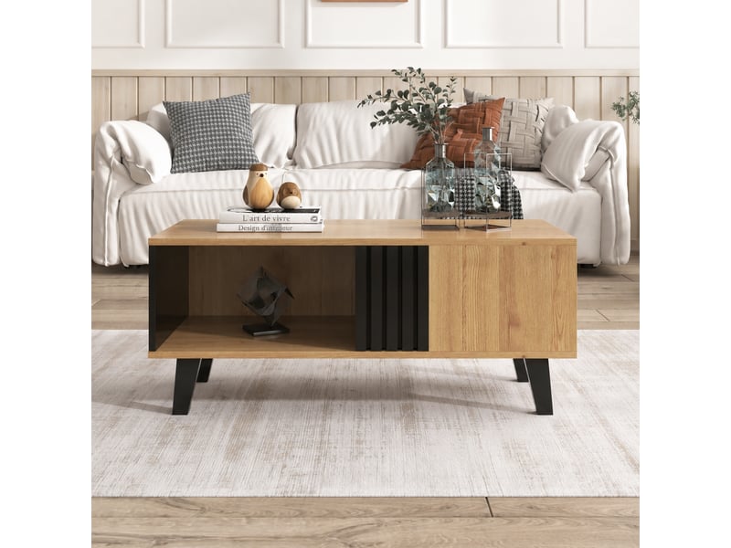  Table basse effet bois et noir avec rangements ouverts, 100 x 60 x 45 cm  - Conforama E