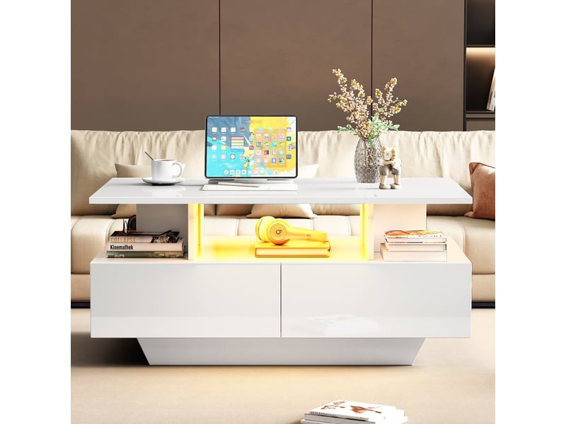 Table basse blanche brillante avec led intégrée, 2 tiroirs de rangement, 90x55x41 cm, charge 30 kg - Conforama R