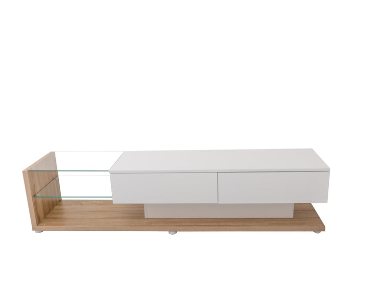  Meuble tv bas 180 cm blanc brillant et effet bois - étagères verre et led - rangement moderne  - Conforama A