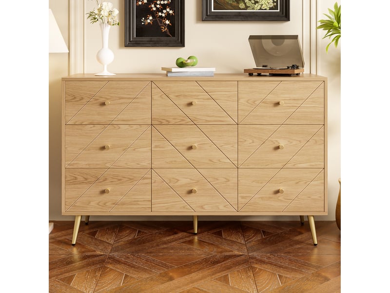  Commode 9 tiroirs moderne – finition bois naturel, pieds en fer – 120 x 39 x 80 cm  - Conforama C