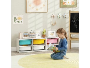 Meuble rangement enfant à 2 niveaux, étagère de rangement pour jouets enfants avec 6 bacs amovibles, 97x21x29cm, blanc