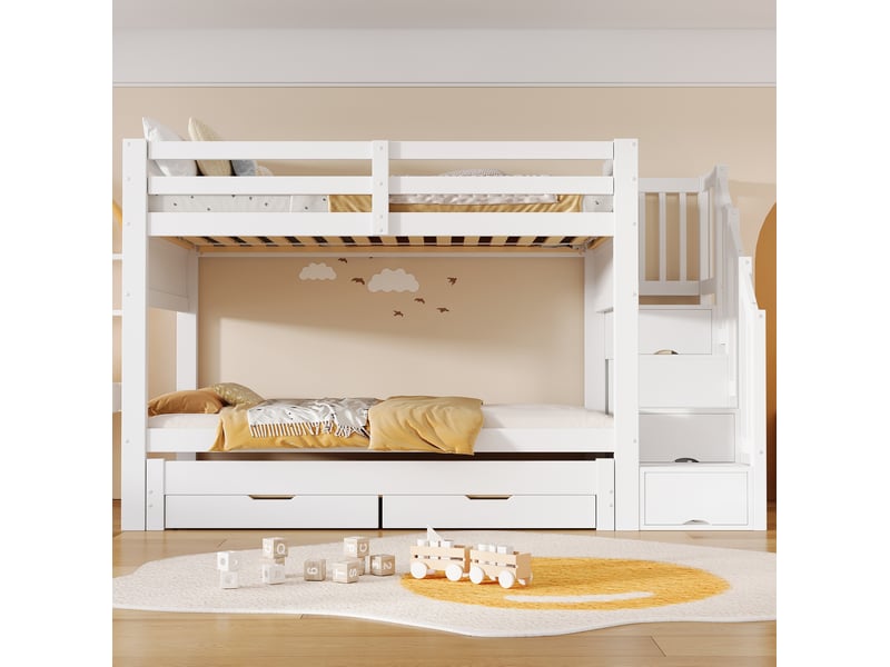 Lit superposé 90x200 cm blanc avec lit gigogne, escalier de rangement et armoire - Conforama B