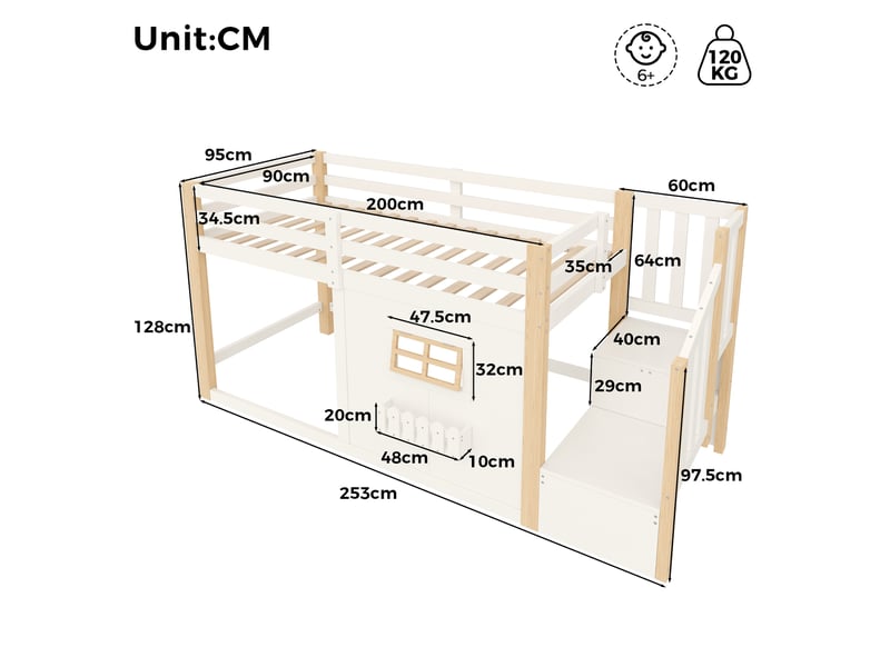  Lit mezzanine 90x200 cm lit cabane enfant en pin, escalier de rangement, fenêtre, led, blanc+naturel evarich - Conforama C