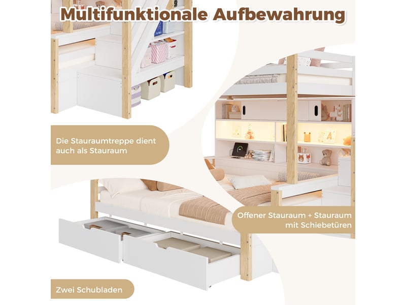 Lit superposé 2x90x200 cm blanc et naturel en pin massif, escalier de rangement, portes coulissantes, led et usb - Conforama D