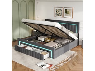 Lit coffre 2 places 160x200 cm avec 2 tiroirs et led, en velours gris