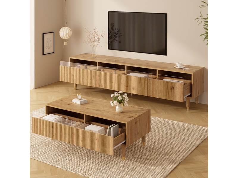Ensemble Meuble TV Et Table Basse Moderne, 4 Portes, 2 Tiroirs, LED Et Détails Acryliques - Bois  - Conforama B
