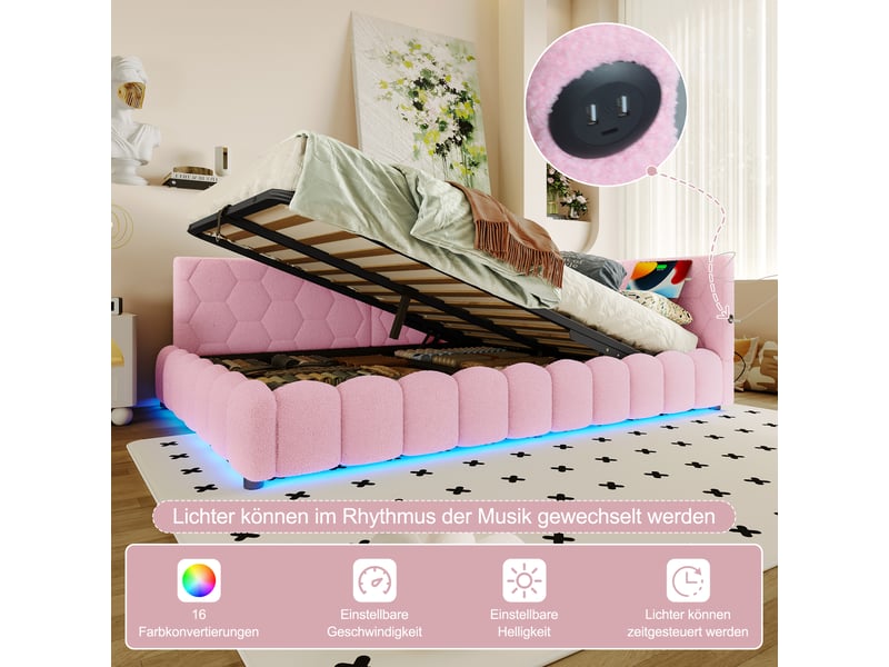 Lit banquette rose 140x200 cm avec led, rangement hydraulique, usb et type-c - Conforama B