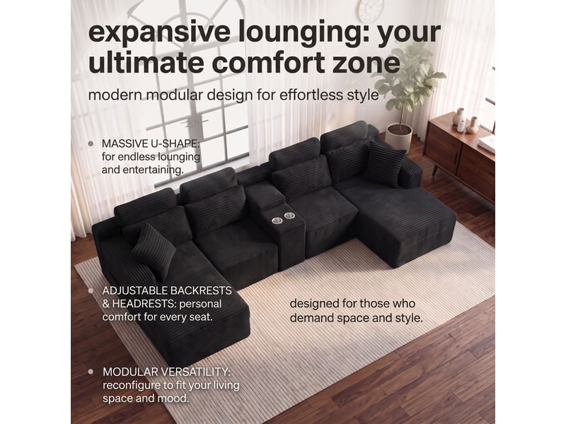  Canapé modulable en u 372 cm, canapé panoramique en velours côtelé, assise profonde, 2 porte-gobelets intégrés, noir  - Conforama D