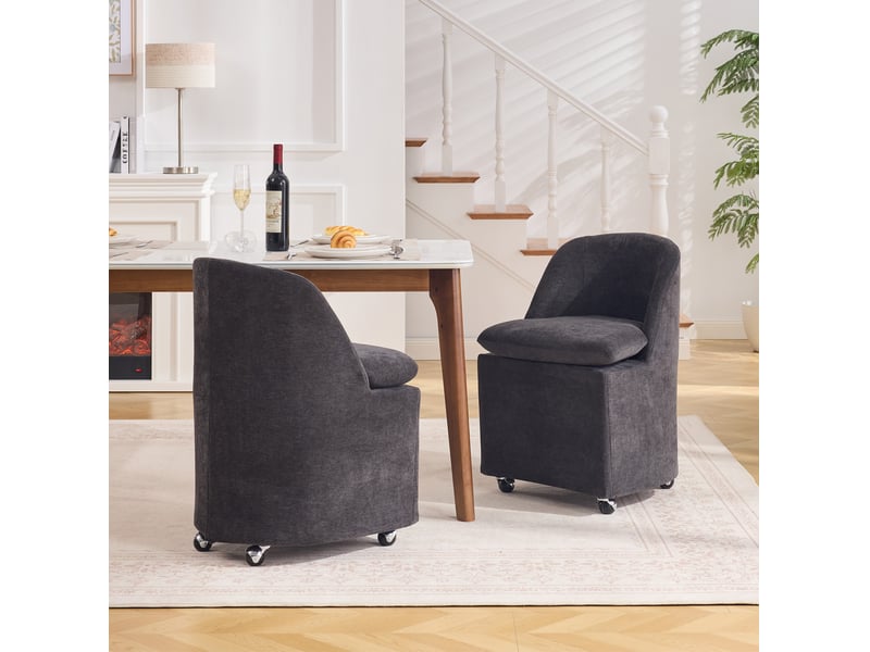  Lot de 2 chaises de salle à manger pivotantes à roulettes en chenille grise homvra  - Conforama D