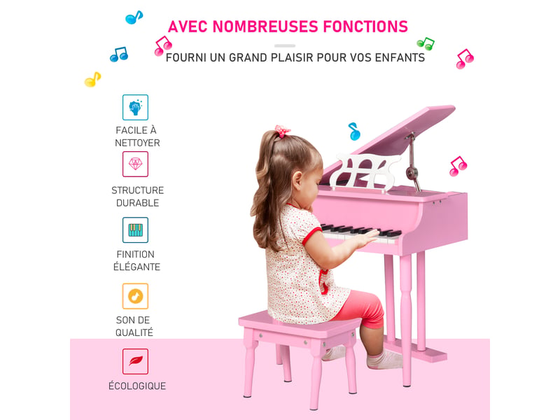 Piano à queue enfant en bois piano enfant clavier de piano 30 touches - tabouret et pupitre inlus - instrument de musique - mdf rose - Conforama W