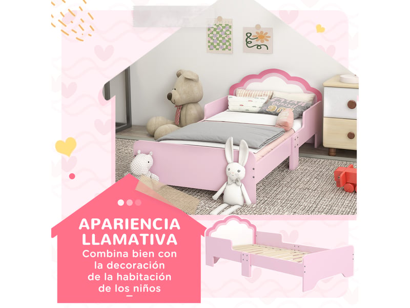  Lit enfant simple 70x140 cm rose avec barrières latérales, tête de lit nuage et sommier à lattes  - Conforama R