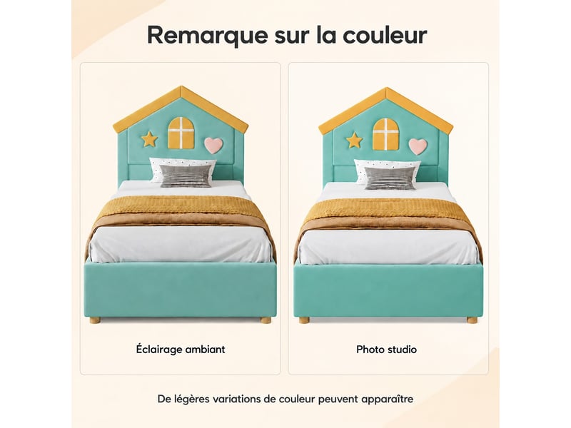  Lit enfant rembourré 90 x 200 cm, 4 tiroirs de rangement, lit d'appoint pour chambre, velours, bleu-vert  - Conforama E