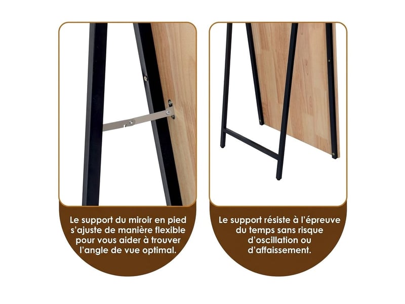  Miroir sur pied rectangulaire pleine longueur 160 x 50 cm – grand miroir psyché autoportant avec cadre mouluré en bois massif et verre hd anti-déformation pour chambre, dressing et salon – bois naturel  - Conforama D