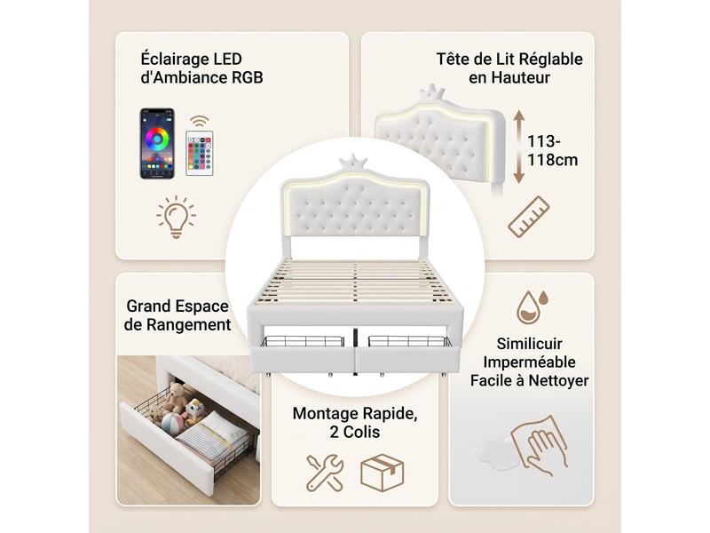  Lit enfant 140x200, lit simple, éclairage led et 2 tiroirs de rangement,  tête de lit couronne ajustable, blanc  - Conforama C