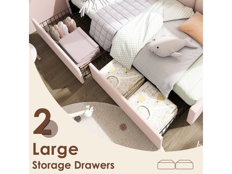  Lit banquette 200×90 cm avec 2 tiroirs et dossier rembourré, sans matelas, en velours rose  - Conforama E