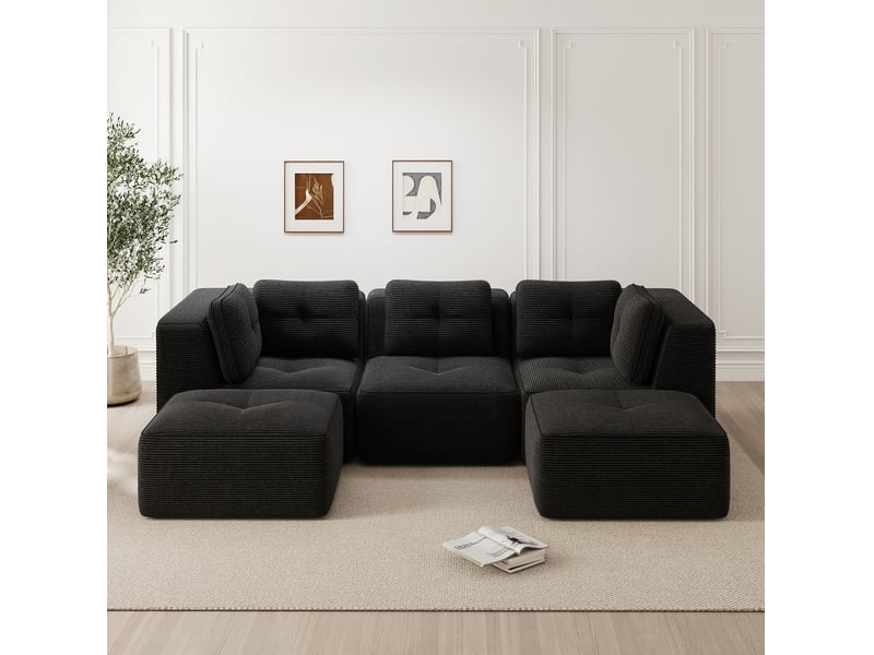 Canapé d’angle modulable 3 places en velours côtelé noir – 297 x 177 x 69 cm - Conforama B