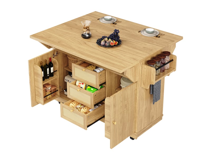  Desserte de cuisine pliable 95 cm hauteur ergonomique, chariot de service avec tiroirs en rotin pe pour balcon et camping, bois naturel  - Conforama A