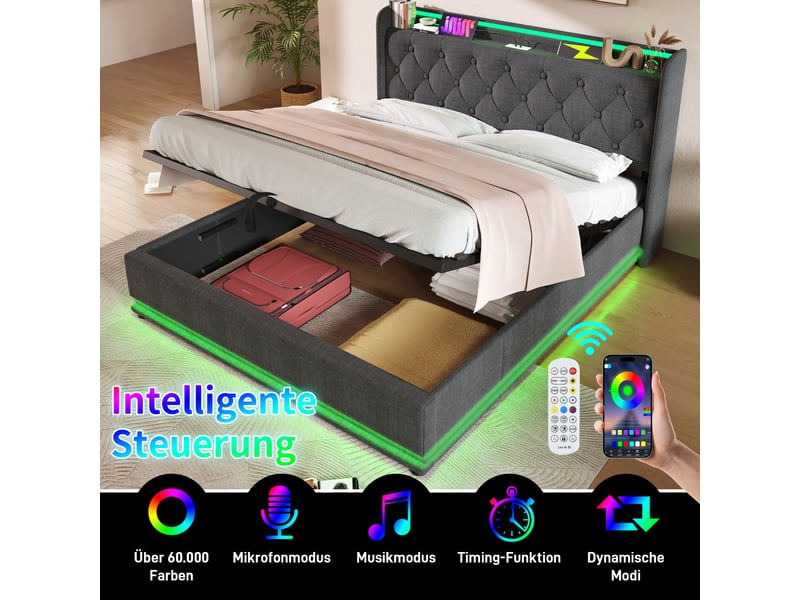  Lit double capitonné rayofi 160 x 200 cm, éclairage led 360° contrôlable (bouton, application, télécommande), rangement coffre hydraulique, tête de lit rembourrée avec ports usb et type-c, revêtement lin gris, matelas inclus  - Conforama C