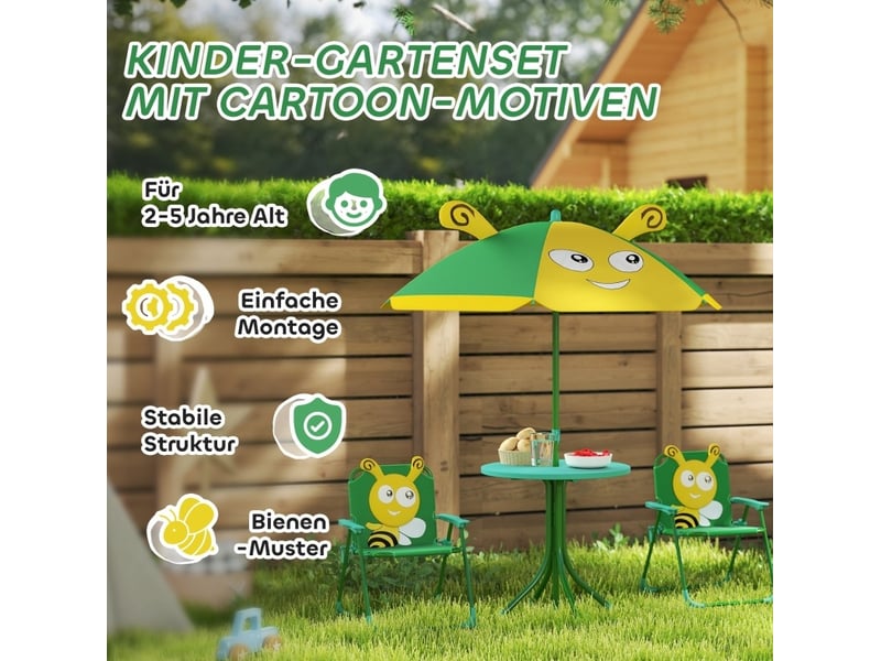  Ensemble de jardin pour enfants 4 pièces vert et jaune en polyester, table, 2 chaises et parasol réglable  - Conforama D
