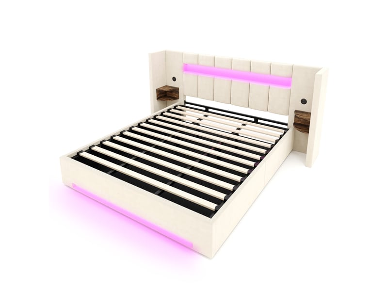  Lit coffre 180x200 cm, lit double, rangement hydraulique, armoire, led, velours beige, port usb  - Conforama B